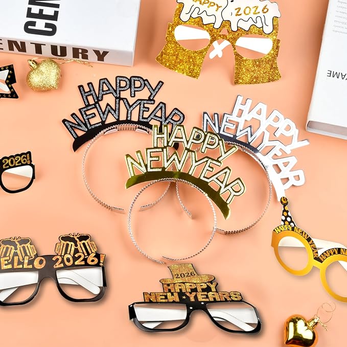36Pcs 2026 New Year Eve Party Supplies,Happy Next Year Headband Tiara,News Year Eyeglasses Prop,Fringed Noise Makers for 2026 New Years Party Favors