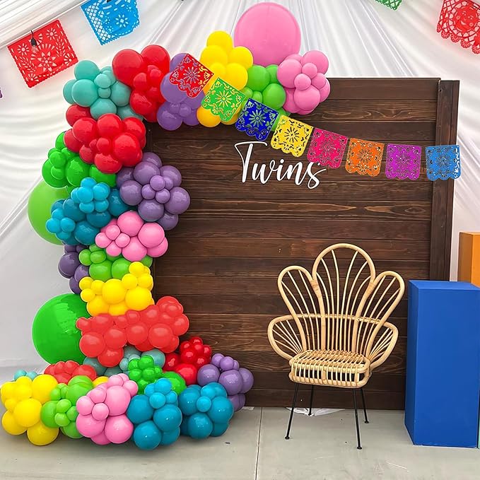 139Pcs Colorful Mexican Cinco De Mayo Balloon Kit With Mexicana Papel Picado Fiesta Banner for Día De Muertos, Loteria Taco Bout Baby Shower My First Birthday Party Decoración
