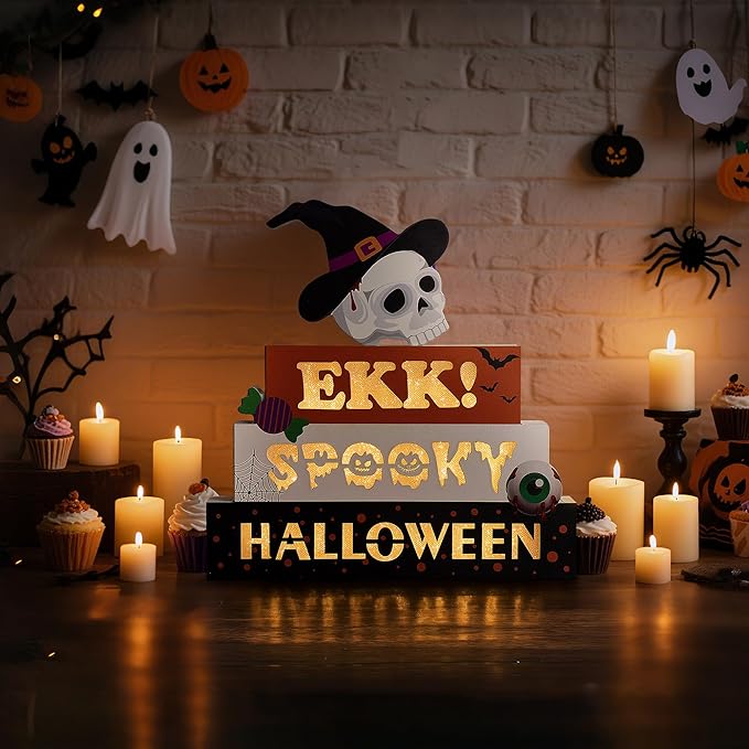 BlcTec Halloween Decorations Indoor 9.4" 4-Tier Wooden Block Set with Glowing 3D Letters, Skull Topper, Battery Operated Spooky Halloween Décor Built-in Timer for Home, Mantle, Shelf, Table Decor