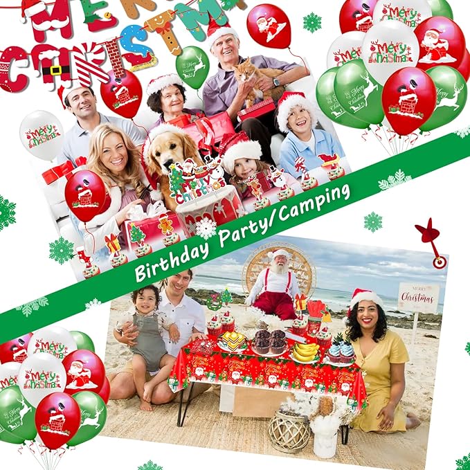 Christmas Dinnerware Set Santa Claus Party Supplies Includes Plates Napkins Cups Knives Spoons Forks Tablecloth Balloons Banner Cupcake Toppers for Merry Christmas Party 156 Pieces