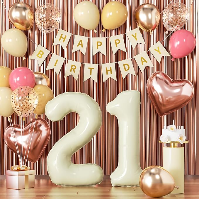 21st Birthday Decorations for Girl, Finally 21 Party Supplies, Retro Sand White and Cream Balloon Garland Kit, Cream Number 21 Balloon, Pink Happy Birthday Banner