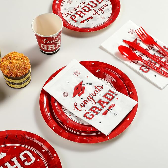 Graduation Party Supplies Congrats Grad Plates and Napkins Set Serve 50, Disposable Tableware Paper Plates Napkins Cups Knives Spoons Forks Straws for Class of 2026 Graduation Party Decorations (Red)