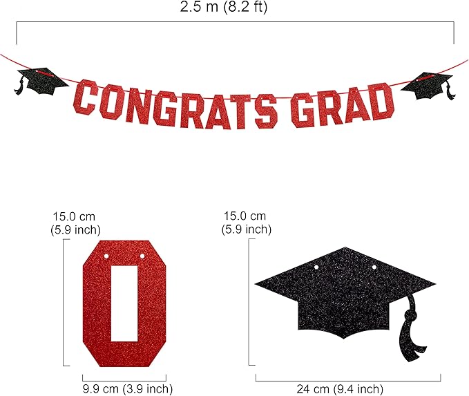 Gexolenu Red Class of 2025 Graduation Theme Party Decoration Banner, Congrats Grad Banner, Black Glitter Graduation Banner, 2026 Black Congratulations Grad Party Decorations