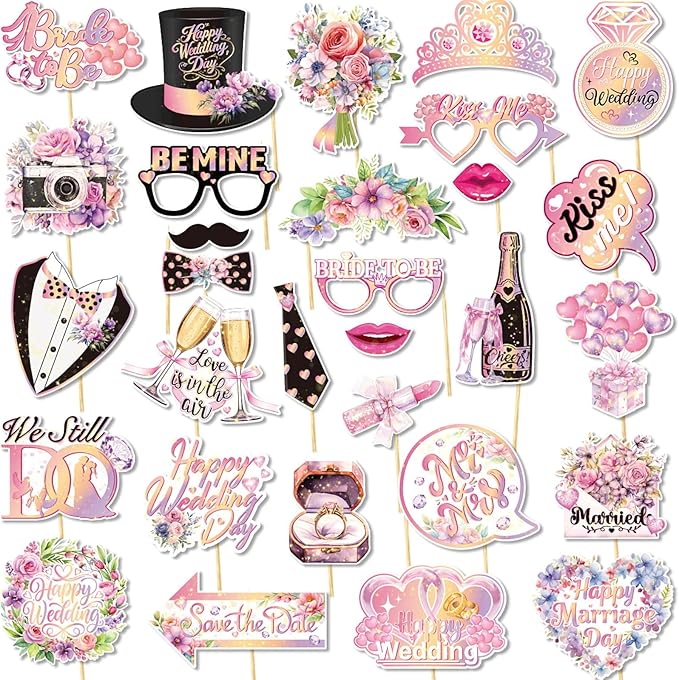 30 Pieces Wedding Photo Booth Props Wedding Bridal Shower Photo Booth Prop Bachelorette Party Decorations Photo Booth for Bridal Shower Gift Accessories Favor Supplies (Pink)