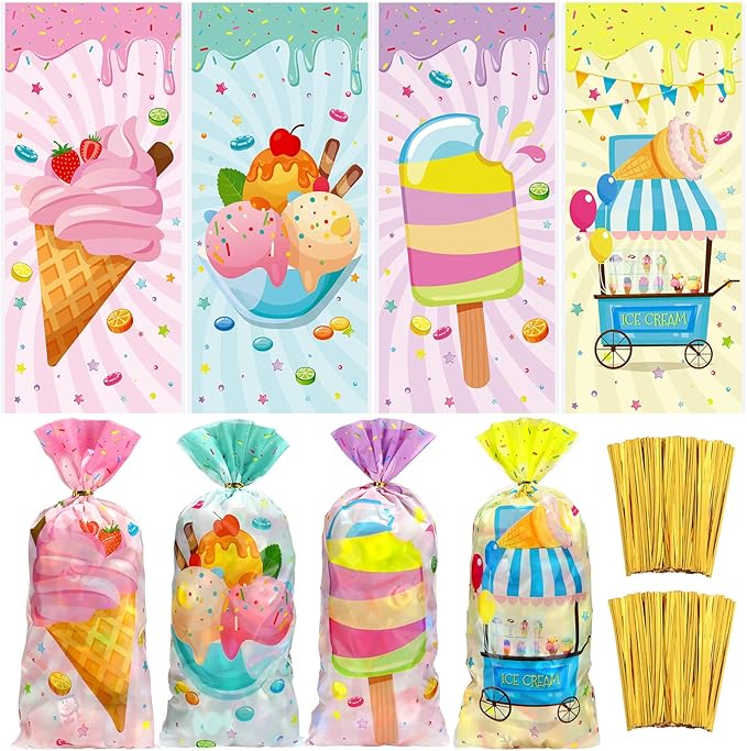 Eaasty 120 Pieces Ice Cream Party Favor Bags, 5 x 11 Inch Four Ever Sweet Goodie Bags with Twist Ties Goodie Cello Wrapping for Ice Cream Theme Party, Baby Shower, Weddings, Valentines
