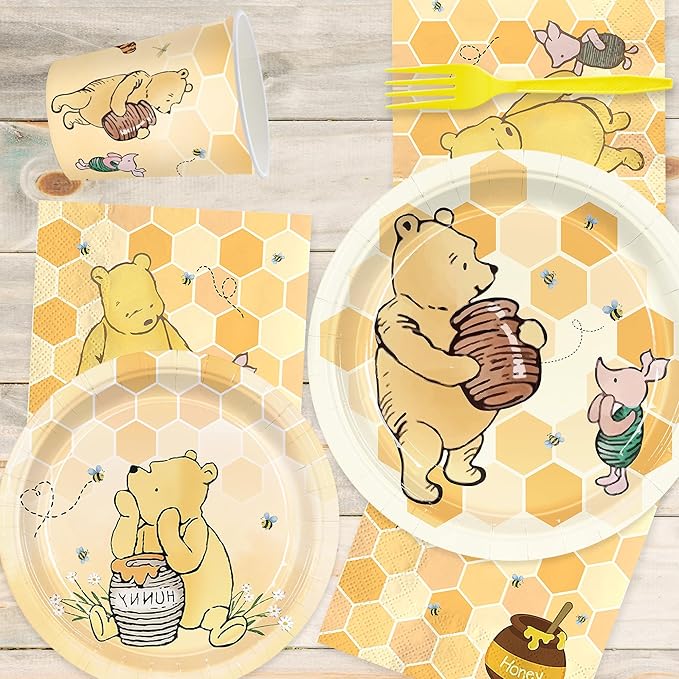120pcs Winnie Plates and Napkins Classic Bear Baby Shower Disposable Cups Yellow Forks Paper Tableware Set Good for Baby Shower Decorations Serves 24 Guests