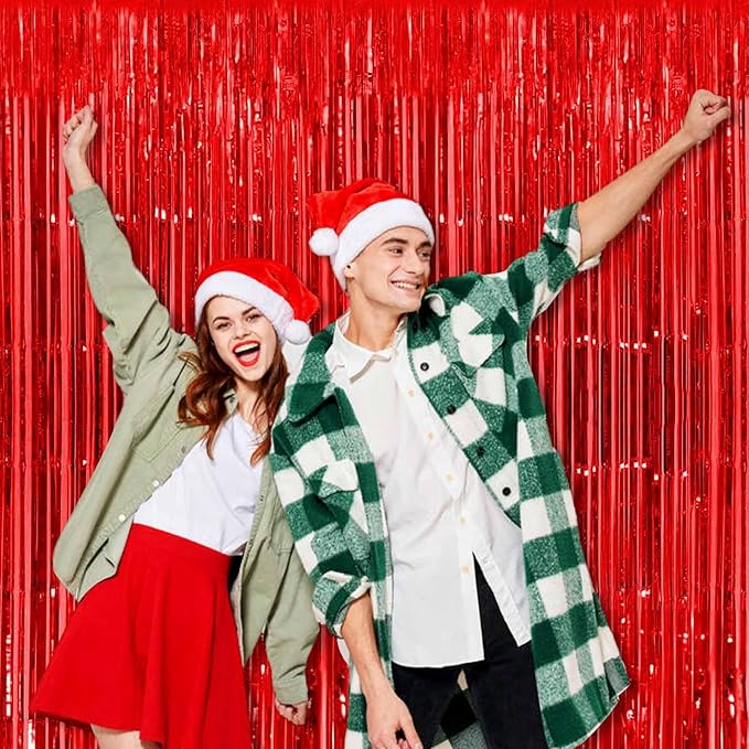 6 Pack Red Foil Fringe Curtains Backdrop, 3.28 x 9.8 Ft Metallic Streamers Tinsel Curtains Background for Photo Booth, Birthday, Halloween, Christmas, Thanksgiving, New Year Party Decorations