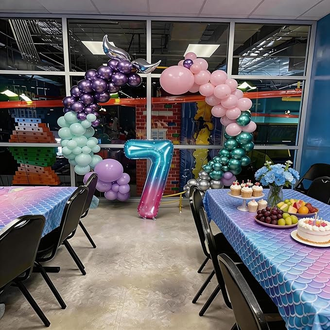7th Mermaid Birthday Decoration,Metallic Purple Pink Green Blue Latex Balloons for Girls Party Decoration Number 7 Seashell Foil Balloons Banner Cake Topper Mermaid Sea Decorations