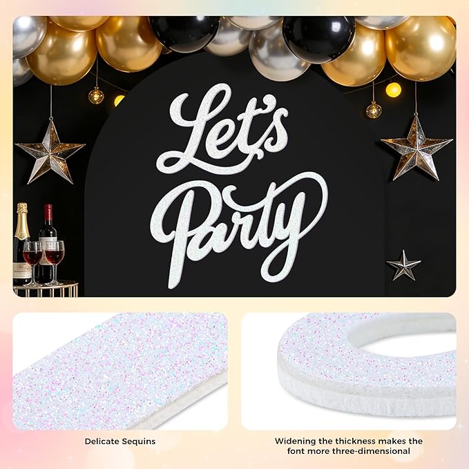 Babenest Let's Party Felt Sign, Flash White Reusable Glitter Letter Banner for Backdrop, Balloon Arch Decor, Party Supplies for Graduation, Birthday, Wedding, Bachelorette, Christmas, Home Bar, Man Cave Wall Decorations