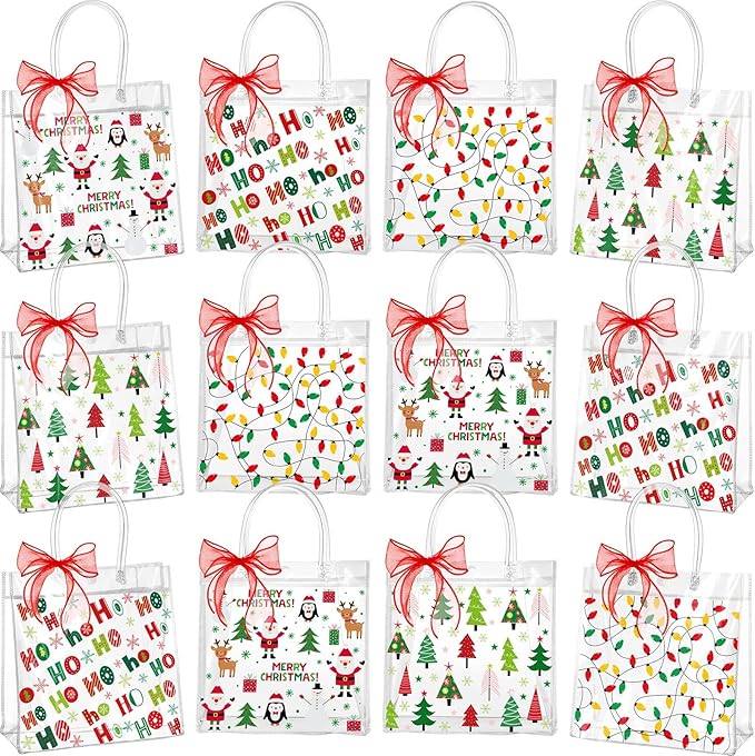 Henoyso 12 Pcs Christmas Clear Gift Bags Plastic Candy Treat Goodie Bags Red Foil Santa PVC Wrap Totes with Handles and Ribbon Xmas Party Favors (Santa and Xmas Tree,7.8 x 7.8 x 3.1 Inch)