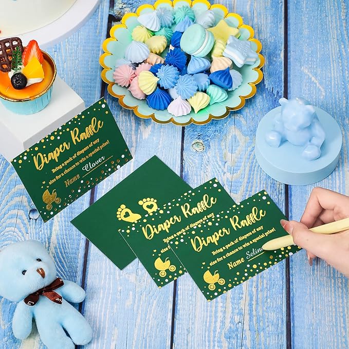Funrous 51 Diaper Raffle Tickets with Box for Baby Shower Game Invitations Diaper Raffle Card for Gender Reveal Baby Shower Party Decoration Table Centerpiece(Green, Gold)