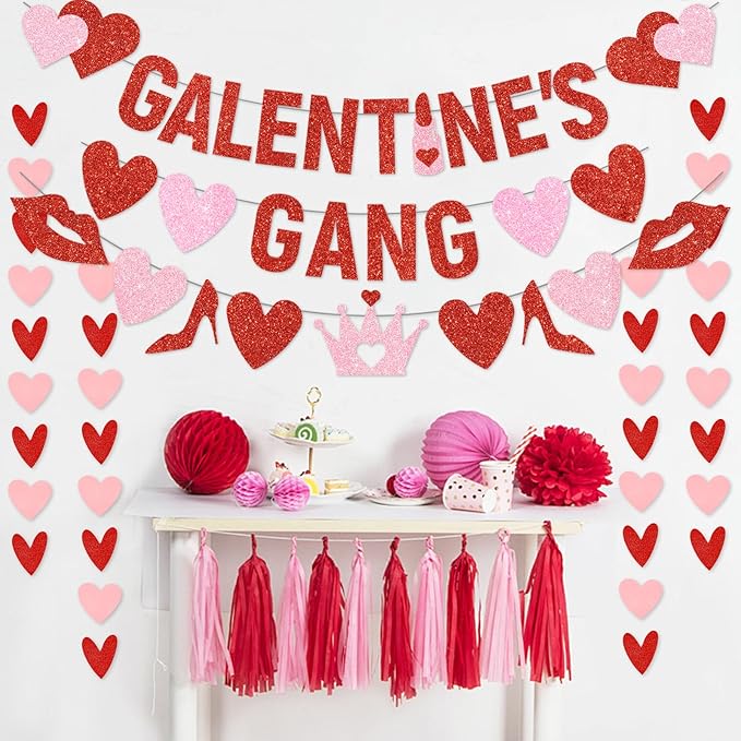 4Pcs Pre-Strung Galentine's Gang Banner, Heart Shaped Banners, Red, 0.2" x 0.2", Indoor, Wall Mount, Standard Banner, Galentine's Day, Home, Room Decorations