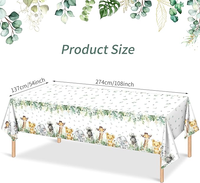 TREWAVE 3 Pcs Jungle Safari Animal Tablecloths Wild Animals Plastic Table Cover Wild Creatures Printed Tablecloth for Boy Girl Baby Shower Birthday Table Decoration Supplies, 54" x 108"