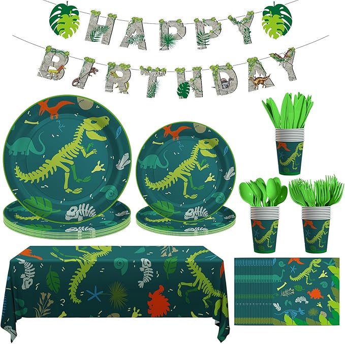 Dinosaur Birthday Decorations, 170 Pcs Dinosaur Party Supplies Including Banner, Plates, Cups, Napkins, Cutlery and Tablecloths, Serves 24
