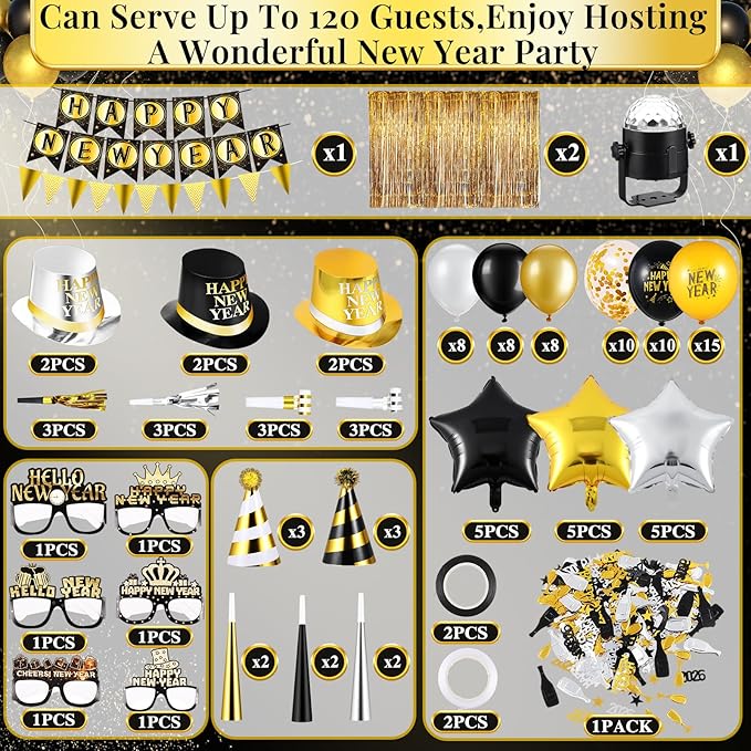 Junkin 402 Pcs New Years Eve Party Supplies 2026 Kit for 120 Guests Include Hats Glasses Blowouts Trumpet Balloons Banners Fringe Curtain Ambient Lights New Years Decorations Party Favors