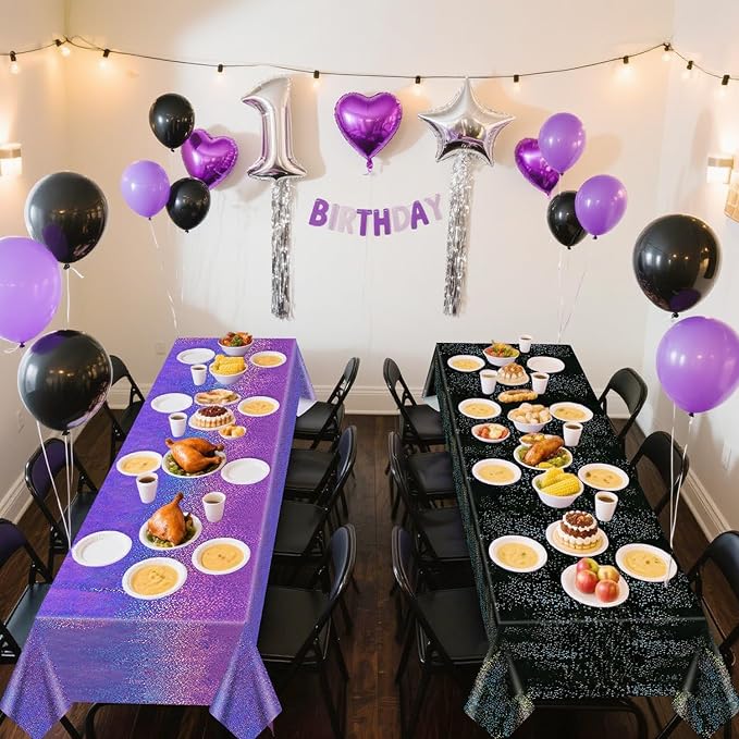 2Pcs Black & 2Pcs Purple Holographic Tablecloths Rectangular Iridescent Tablecloth Shimmer Metallic Table Covers for Halloween Birthday Party Wedding Events Supplies, 54 x 108inch