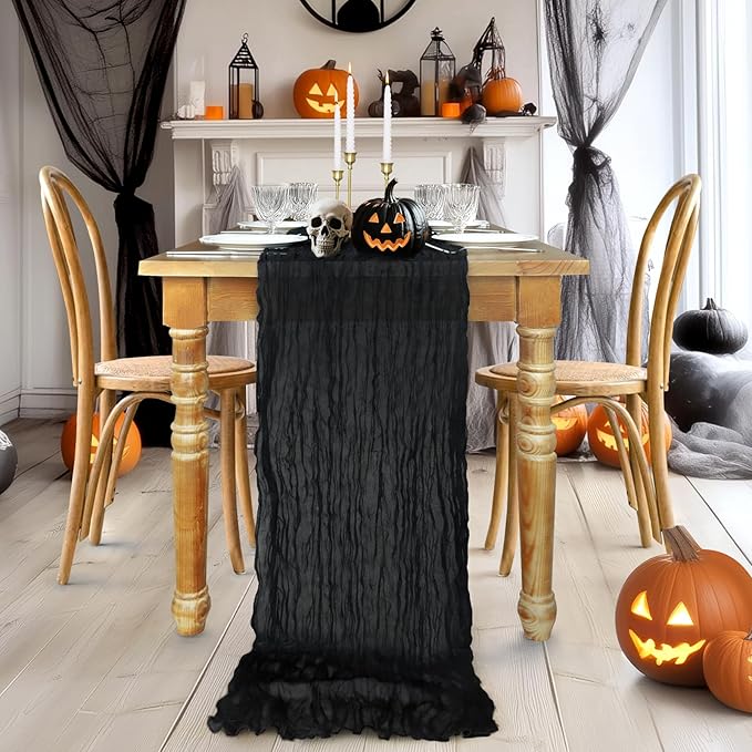 Halloween Table Runner, 10FT Black Cheesecloth Table Runner 35*120inch Black Halloween Decor for Halloween Indoor Table Kitchen Party Decorations