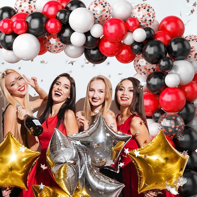 130PCS Red Black White Balloon Garland Arch Kit, 12 10 5 inch Red and Black White Balloons with Confetti Balloons, Latex Party Balloons for Baby Shower Wedding Circus BBQ Casino Poker Cars Decoration