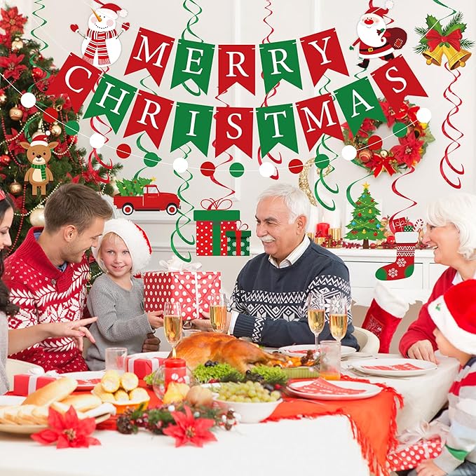 Merry Christmas Party Decorations Pre-strung Red Green Merry Christmas Banner with Honeycomb Balls Santa Claus Snowman Xmas Tree Hanging Swirls Colorful Circle Dots Garland for Holiday Party Decor