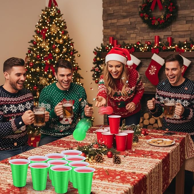 32 Pcs Christmas Party Game Set Include 16oz Red Green Plastic Cups with 8 Balls, Beer Cups for Xmas Holiday House Party Favor Birthday BBQ Outdoor Toss Game Supplies