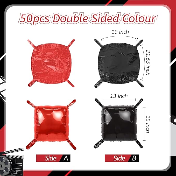50PCS Black and Red Square Foil Balloon Wal, Reusable DIY Mylar Double Side Metallic Red Black Garland Tunnel Arch Kit for Anniversary Bachelorette Engagement Halloween Party Decor