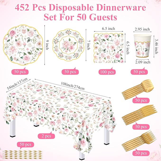 LemonRoad 452 Pcs Pink Floral Party Decorations for 50, Tea Party Paper Plates Napkins Cups Tablecloth Cutlery Straws Floral Disposable Tableware for Spring Bridal Shower Baby Shower Birthday Supplies