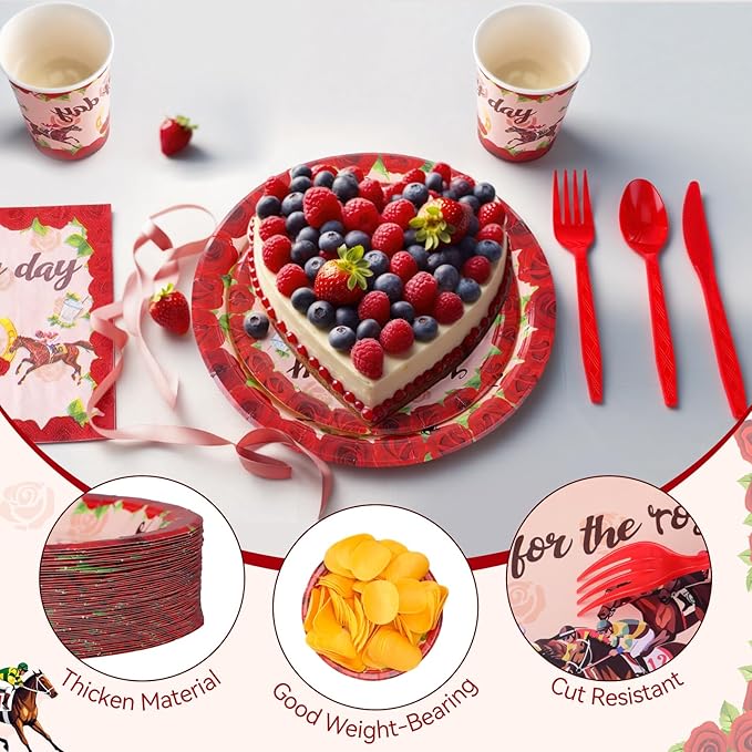 Ceenna 452 Pcs Derby Day Party Supplies for 50 Guests, Run for the Roses Derby Paper Plates Napkins Cups Tablecloth Cutlery Straw Disposable Tableware for Horse Racing Day Party Decorations