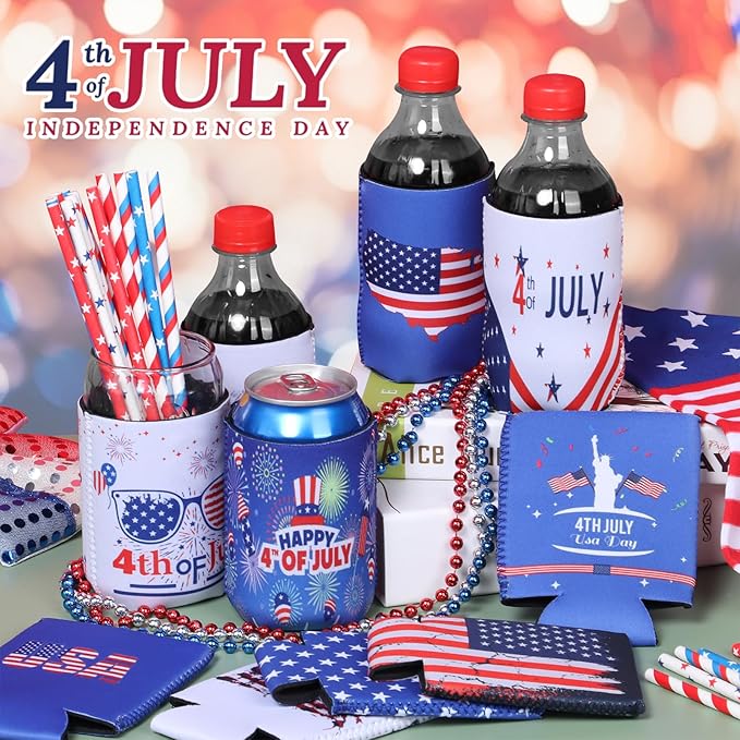 4th of July Decoration Can Cooler Sleeves, 12 Pcs Independence Day Can Party Supplies USA Flag Insulated Collapsible 4th of July Cooler Sleeves for Patriotic Memorial Day (Blue and White)