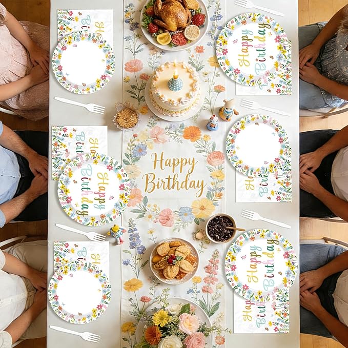 96Pcs Spring Flower Birthday Party Decorations Colorful Wildflower Plates and Napkins Groovy Boho Floral Leaf Disposable Paper Tableware Set for Women Birthday Party Supplies Serves 24
