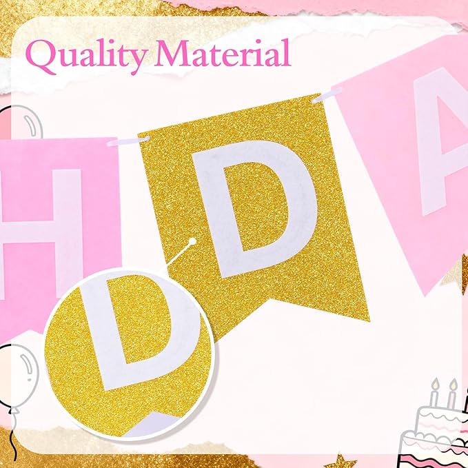 Irenare 4 Pieces Happy Birthday Banner Colorful Birthday Party Decor Rainbow Felt Garland Banner Party Decorations Supplies(Gradient Pink and Gold)