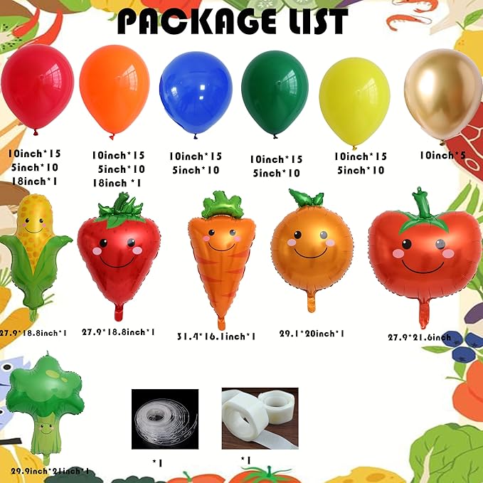 Vegetable Fruit Balloon Arch Garland Kit 138PCS Rainbow Balloons Garland with Mixed Strawberry Corn Carrot Orange Broccoli Foil Balloon for 1st Birthday Baby Shower Party Decorations