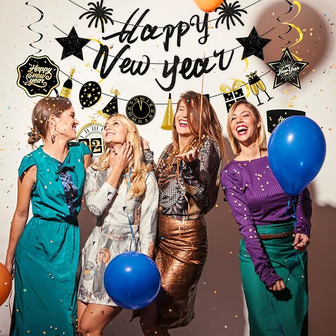 New Year Party Decorations 2026 New Years Eve Decorations Kit Black Gold Nye Decorations Happy New Year Banner New Years Eve Party Supplies 2026