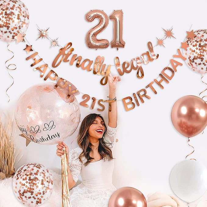 Rose Gold Finally Legal Happy 21st Birthday Banner Garland Foil Balloon 21 for 21 Birthday Decorations Hanging Twenty One Bday Decor for Girls 21st Bday Decorations Party Supplies for Her