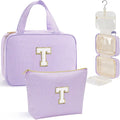 YOOLIFE Hanging Toiletry Bag for Women - Travel Toiletry Bag Makeup Bag, Portable Toiletries Cosmetic Bag, Airplane Travel Essentials - Letter T, Purple