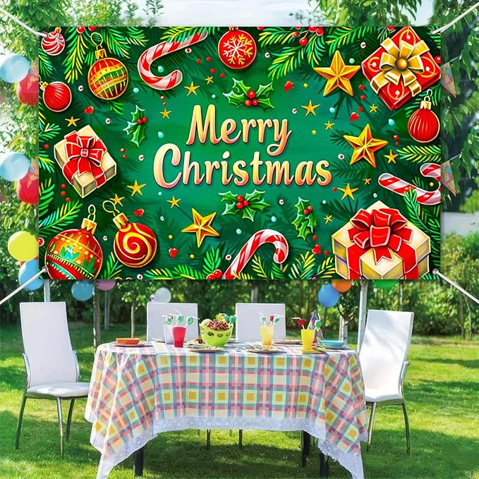Christmas Banner Merry Christmas Decoration Green Red Holiday Wall Backdrop Festive Ornaments Gift Candy Cane Tree Decor for Home Office Party Indoor Outdoor 71 X 43 Inches