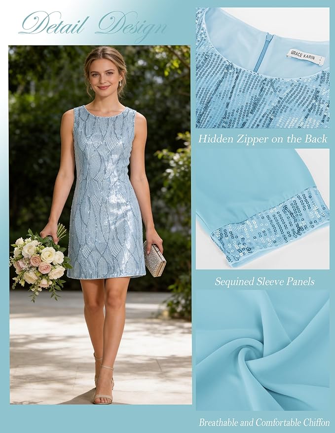 GRACE KARIN Women's Sequin Dress - Wedding Guest & Mother of The Bride Formal Dress - Two Piece Knee Length