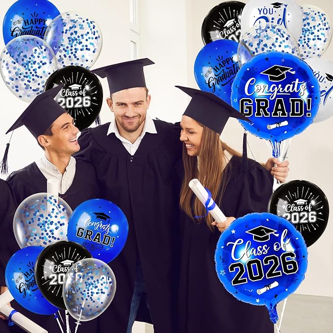 Blue and Black Graduation Balloons Graduation Decorations 2026, 51Pcs Grad Latex Balloons and Grad Foil Balloon with Confetti Ribbons Grad Party Decorations for College High School