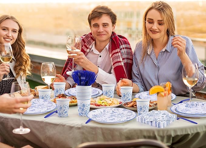 durony 144 Pieces Blue and White Flower Disposable Tableware Set 9 Inch 7 Inch Elegant Floral Paper Plates Blue Floral Cups Napkin and Forks Serve 24 for Birthday Baby Shower Party Supplies