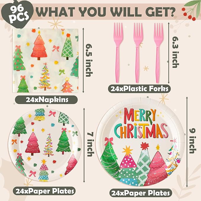 Party Plate Supplies - Serves 24-96Pcs Party Tableware Decoration Disposable Paper Plate Napkin Fork for Birthday Merry Christmas Tree