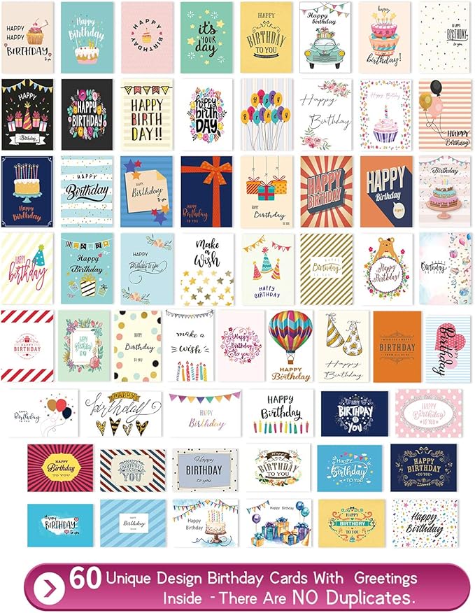 60 Unique Birthday Cards - Assorted Happy Birthday Cards, 5 x 7 inches, With Messages, Envelopes & Stickers in Bulk Boxed Set