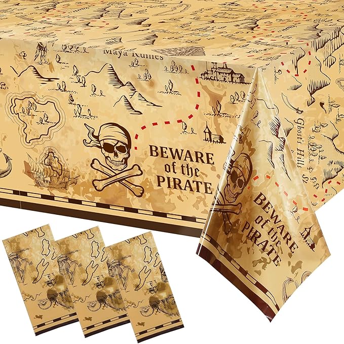 Irenare 3 Pieces Pirate Tablecloth for Party Decor - 54 x 108 Inches Pirate Treasure Map Tablecover Plastic Island Treasure Table Covers Navigation Supplies for Birthday Party Decoration