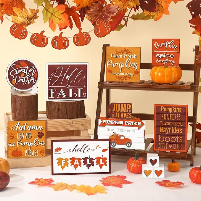 14 Pcs Thanksgiving Tiered Tray Decor Thanksgiving Pumpkin Fall Home Decorations Set Rustic Farmhouse Pumpkin Truck Spice Blocks Autumn Winter Wooden Sign for Fall Christmas