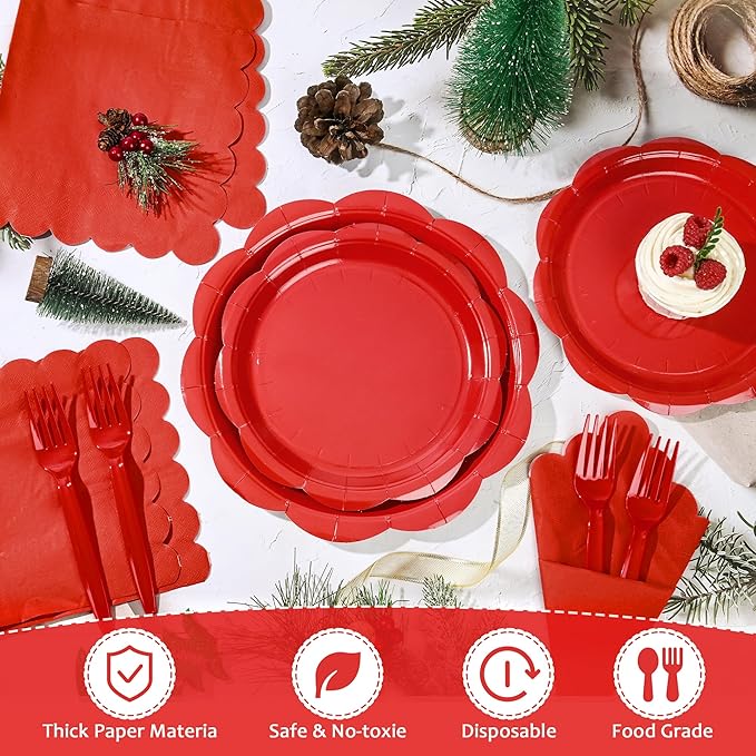 96 Pcs Red Paper Plates and Napkins Set Party Supplies, Tableware set for 24 Guest include Disposable Red Scalloped Plates, Napkins and Forks for Baby Shower Bridal Shower Wedding Christmas