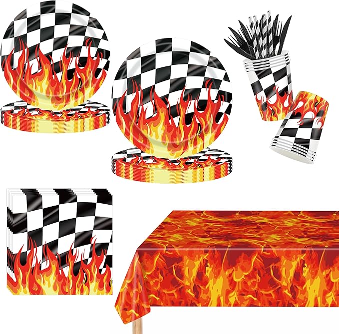 Race Car Birthday Party Decorations, 193Pcs Black White Checkered Race Car Party Supplies Set for 24 Guests, Flame Racing Theme Paper Plates, Tablecloth, Cups, Napkins with Cutlery