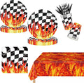 Race Car Birthday Party Decorations, 193Pcs Black White Checkered Race Car Party Supplies Set for 24 Guests, Flame Racing Theme Paper Plates, Tablecloth, Cups, Napkins with Cutlery