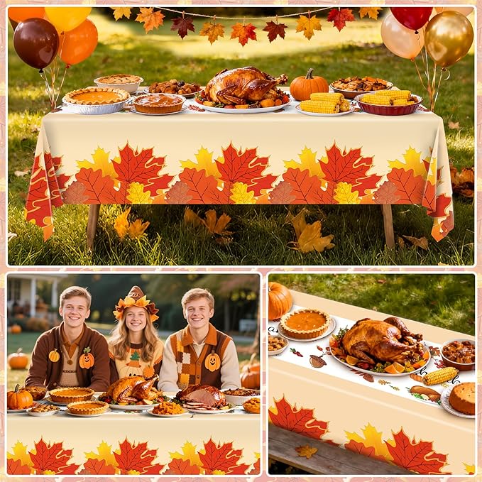 3pcs Thanksgiving Tablecloth, Thanksgiving Decorations Disposable Plastic Fall Tablecloth Maple Leaves Table Cover for Friendsgiving, Indoor and Outdoor 54 X 108 inch