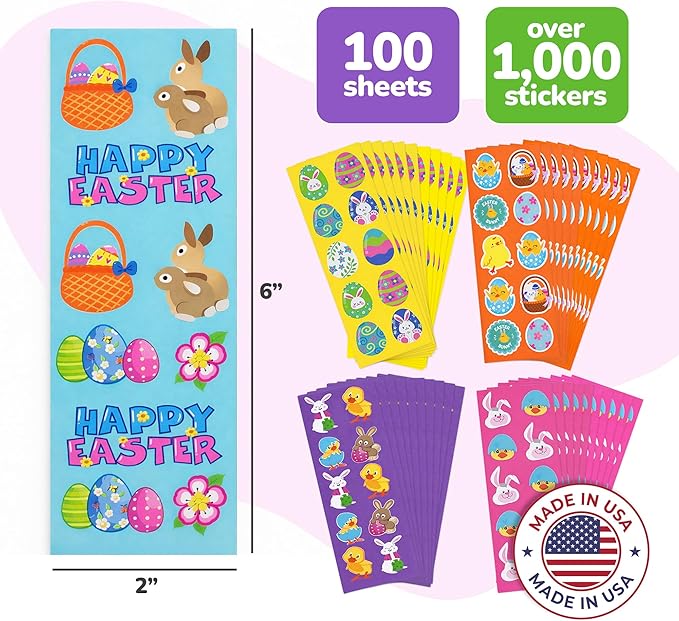 ArtCreativity 1000+ Easter Stickers for Kids with 100 Stickers Sheets, Made in USA Assorted Vibrant Colors and Designs, Easter Basket Stuffers, Fillers Party Favors for Boys and Girls