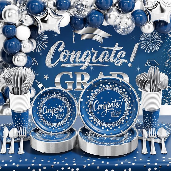 Ecomore 2026 Graduation Decorations - 245 PCS Grad Disposable Dinnerware(Serve 25) & Graduation Party Supplies With Congrats Paper Plate Cup Napkin Tablecloth Backdrop Balloon Kit - Navy Blue Sliver