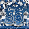 Ecomore 2026 Graduation Decorations - 245 PCS Grad Disposable Dinnerware(Serve 25) & Graduation Party Supplies With Congrats Paper Plate Cup Napkin Tablecloth Backdrop Balloon Kit - Navy Blue Sliver