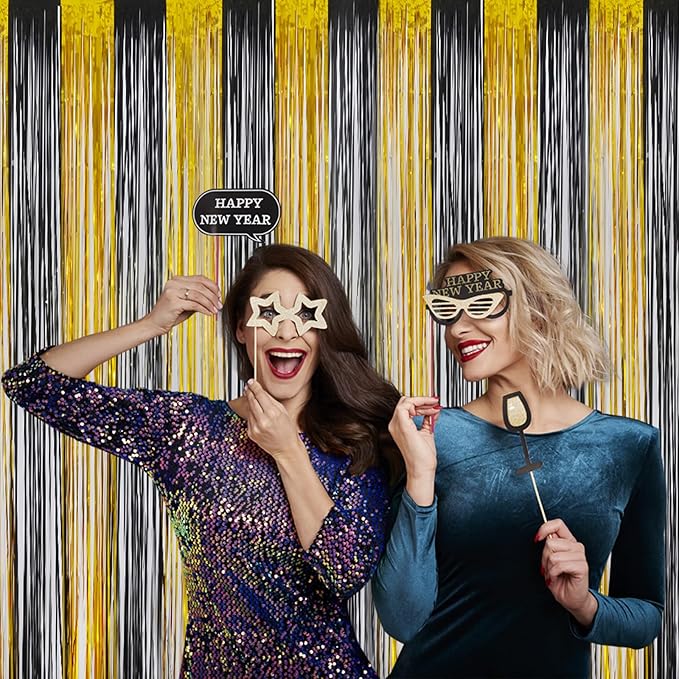 Melsan Black and Gold Fringe Curtain Photo Streamers Backdrop 3.2ft X 8ft for New Years EVE, Graduation, Retirement and Birthday Party Decorations - Pack of 2
